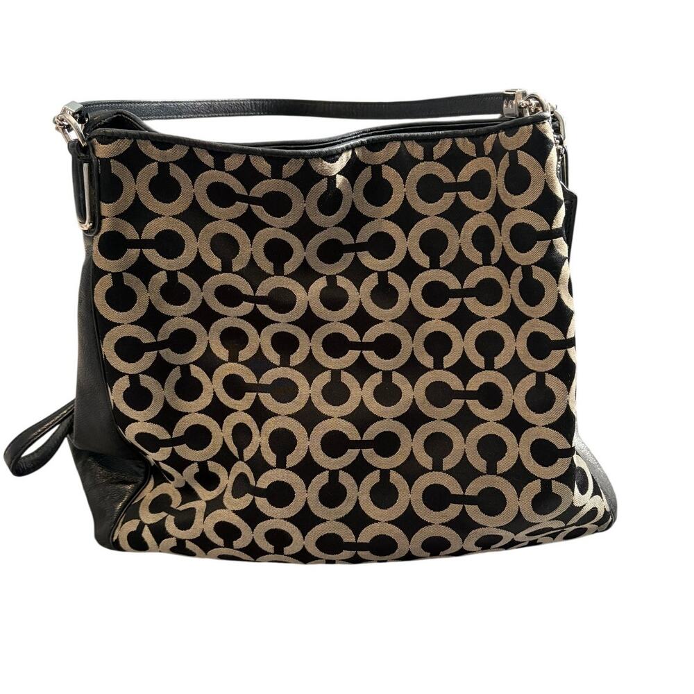 Coach Op Art Signature Black Tan Jacquard Leather Shoulder Bag Purse Y2K 2000's - Picture 1 of 13